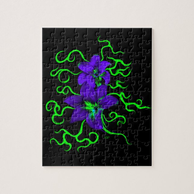 Puzzle flor de lirio morado sobre negro (Vertical)