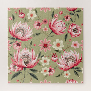 Puzzle Flor de Protea exótica Botánica Verde Salvia Lujo