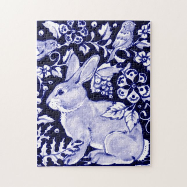 Puzzle Floral animal clásica de conejo azul y blanco y pá (Vertical)