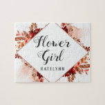 Puzzle Floral de belleza rústica enmarcada niña de flores<br><div class="desc">Flores y abundante naranja colorido, óxido, rojo, borgoña, marsala, hojas de durazno y follaje. Con elementos de la línea dibujada a mano, fuentes con letras a mano, purpurina de Relieve metalizado de oro rosa, pinceladas de pincel y rompecabezas de la flor del marco de diamante geométrico. ~ Revisa mi tienda...</div>