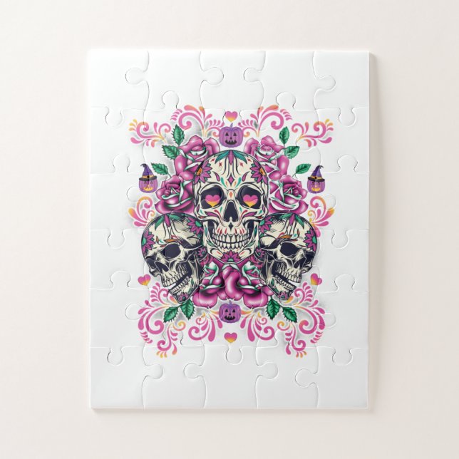 Puzzle Floral de calavera, acuarela de esqueleto rosa, Ha (Vertical)