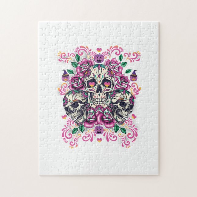 Puzzle Floral de calavera, acuarela de esqueleto rosa, Ha (Vertical)