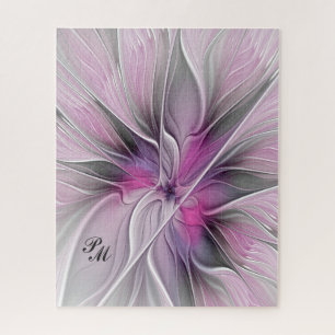 Puzzle Floral Fractal Flor Abstracta Rosa Gris Iniciales