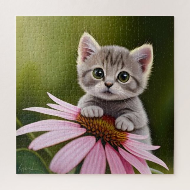 Puzzle Floral lindo gato gris (Vertical)