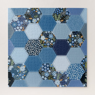 Puzzle Floral, retazos denim: patrón azul.