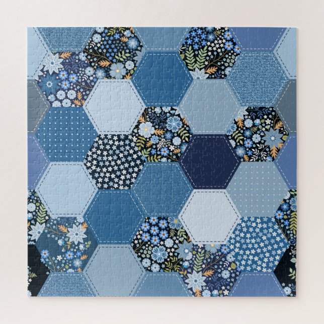 Puzzle Floral, retazos denim: patrón azul. (Vertical)