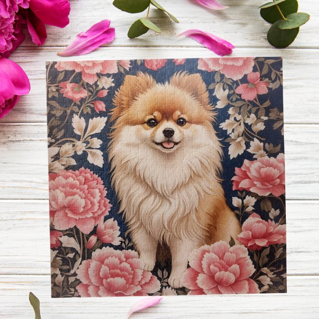 Puzzle Floral rosa de perro de Pomerania (Subido por el creador)