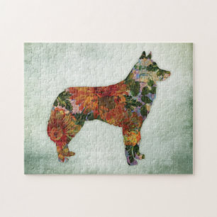 Puzzle Floral siberiana de perro Husky en verde