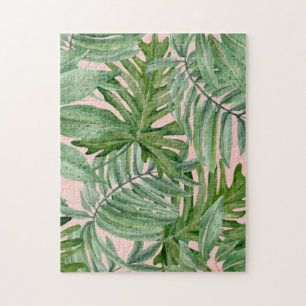 Puzzle Floral tropical de hojas de palmera rosadas simple