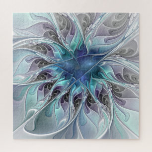 Puzzle Florecer Abstracto Moderno Floral Fractal Con Azul