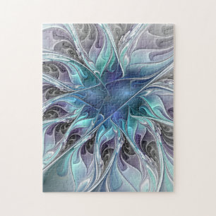 Puzzle Florecer Abstracto Moderno Floral Fractal Con Azul
