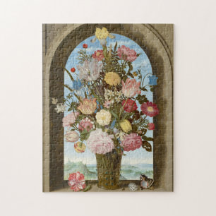 Puzzle florero de ramo en la ventana pintura medieval