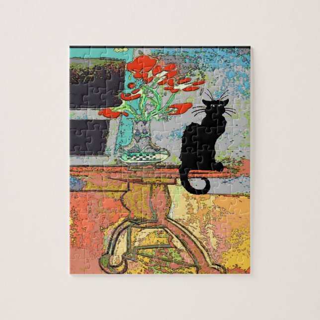 Puzzle Flores abstractas en la mesa con gato (Vertical)