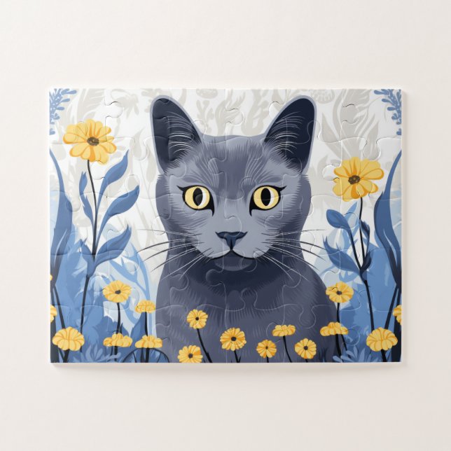 Puzzle Flores amarillas de gato azul ruso (Horizontal)