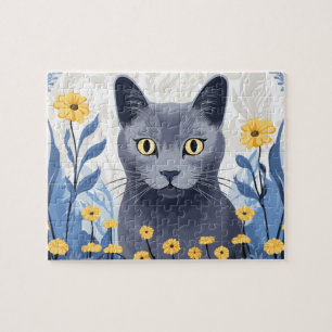 Puzzle Flores amarillas de gato azul ruso
