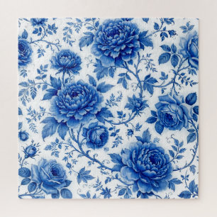 Puzzle Flores Azules Rosas Peonías Blancas Cobalto