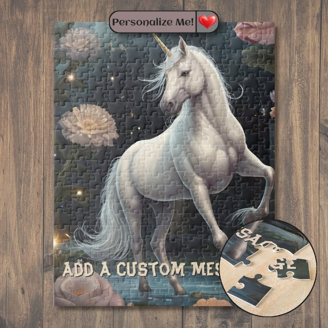 Puzzle Flores Blancas de Unicornio Personalizadas (Personalized White Unicorn Flowers Jigsaw Puzzle)
