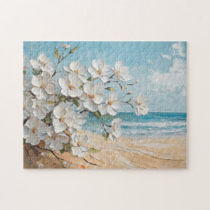 Puzzle Flores blancas en la pintura de aceite de playa