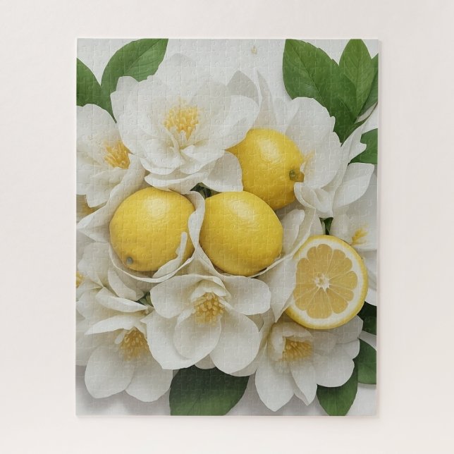 Puzzle Flores blancas, leones y hojas verdes sobre blanco (Vertical)