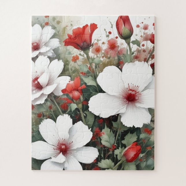Puzzle Flores blancas y rojas Elegante acuarela (Vertical)