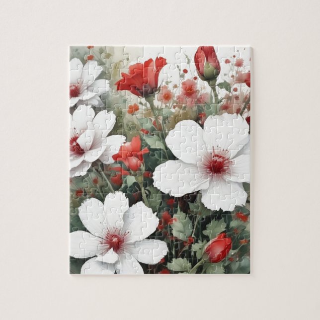 Puzzle Flores blancas y rojas Elegante acuarela (Vertical)