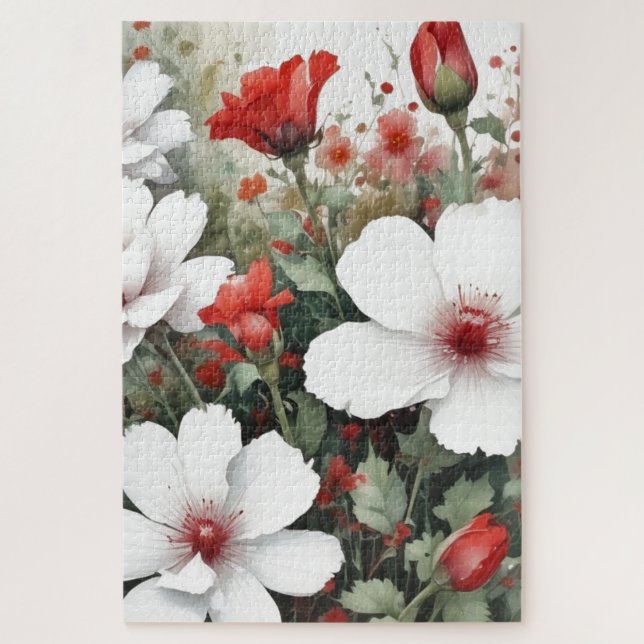 Puzzle Flores blancas y rojas Elegante acuarela (Vertical)