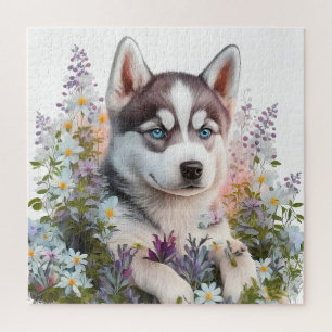 Puzzle Flores de acuarela y cachorro de Husky Siberiano