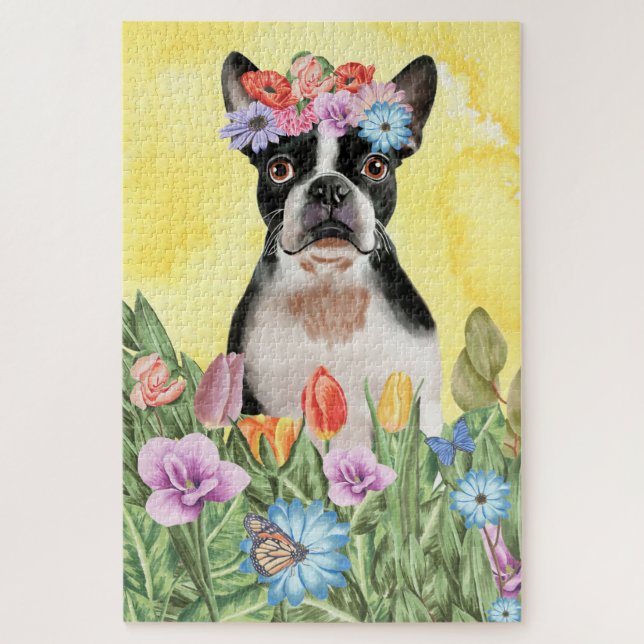 Puzzle Flores de Boston Terrier (Vertical)
