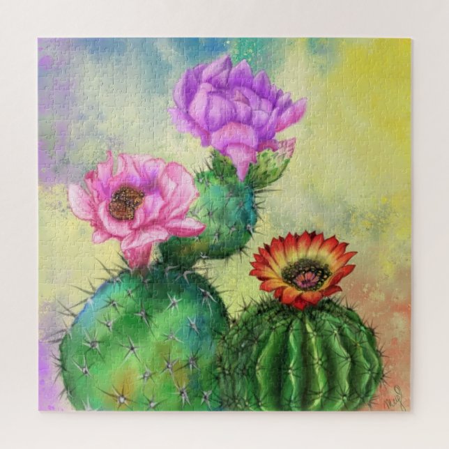 Puzzle Flores de Cactus Rojo Púrpura Mezclan Arte De Pint (Vertical)
