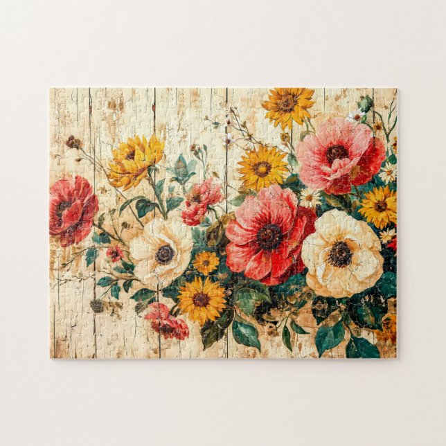 Puzzle Flores de jardín rojas y amarillas sobre madera (Horizontal)
