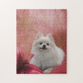 Puzzle Flores de Lily Pomeraniana Blanca Perro Arte