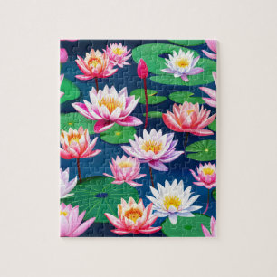 Puzzle Flores de Loto Blancas Rosadas y Hojas Verdes