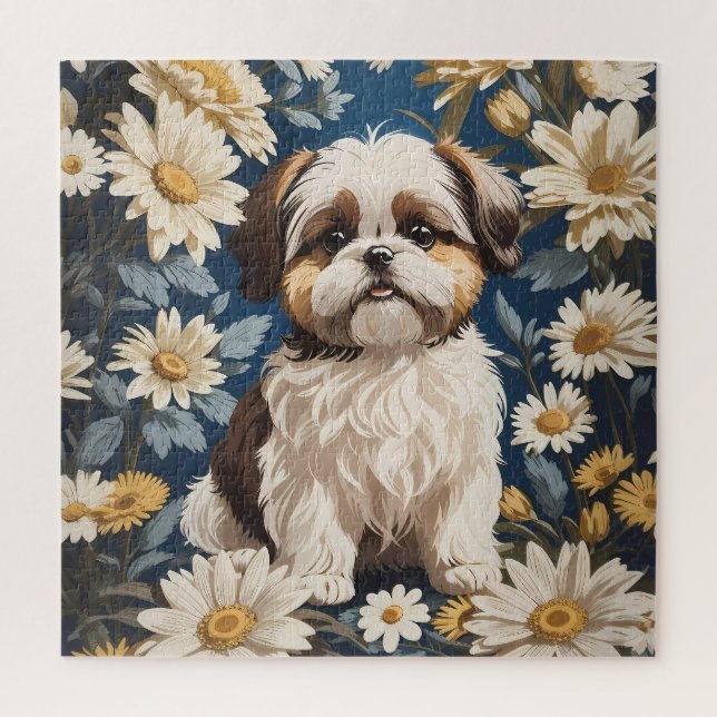 Puzzle Flores de margarita blanca de perro chiita tzu (Vertical)