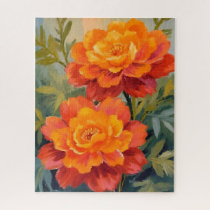 Puzzle Flores de Marigold Naranja Botánica Acuarela