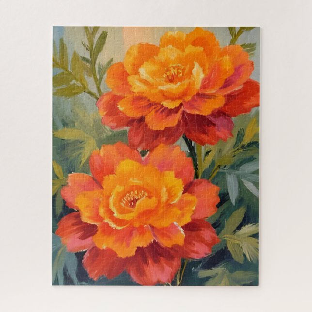 Puzzle Flores de Marigold Naranja Botánica Acuarela (Vertical)