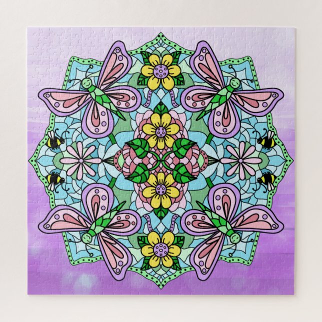 Puzzle Flores de mariposas moradas y abejas Mandala (Vertical)
