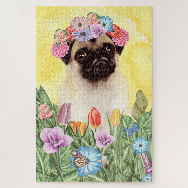 Puzzle Flores de perro de pug (Vertical)