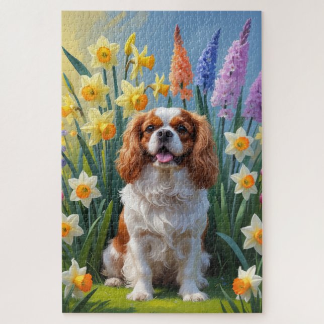 Puzzle Flores de primavera de Cavalier King Charles Spani (Vertical)