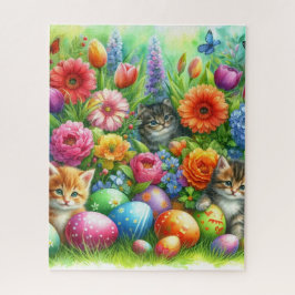 Puzzle Flores de primavera, huevos de Pascua y gatitos en
