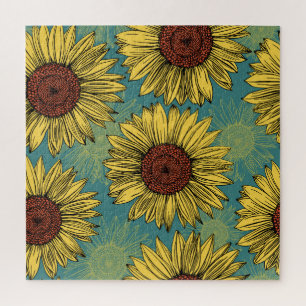 Puzzle Flores de sol de mano azul