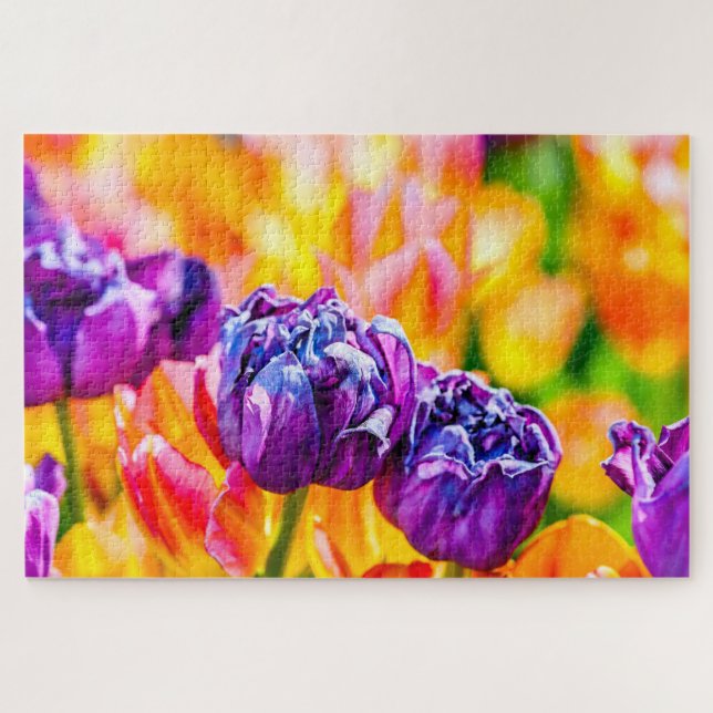 Puzzle Flores de tulipanes amarillos y violetas elegantes (Horizontal)