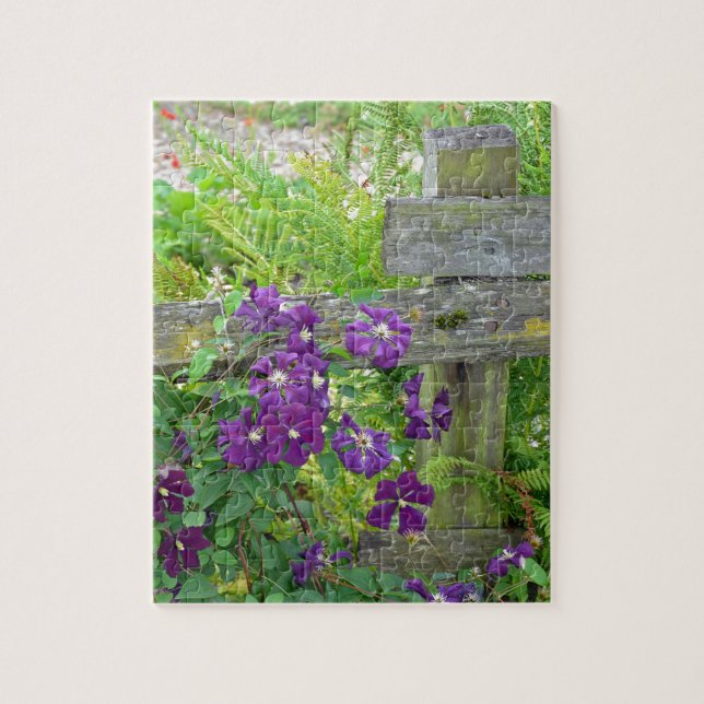 Puzzle Flores del clematis púrpura en la cerca de madera (Vertical)