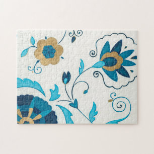 Puzzle Flores doradas índigo con fondo blanco