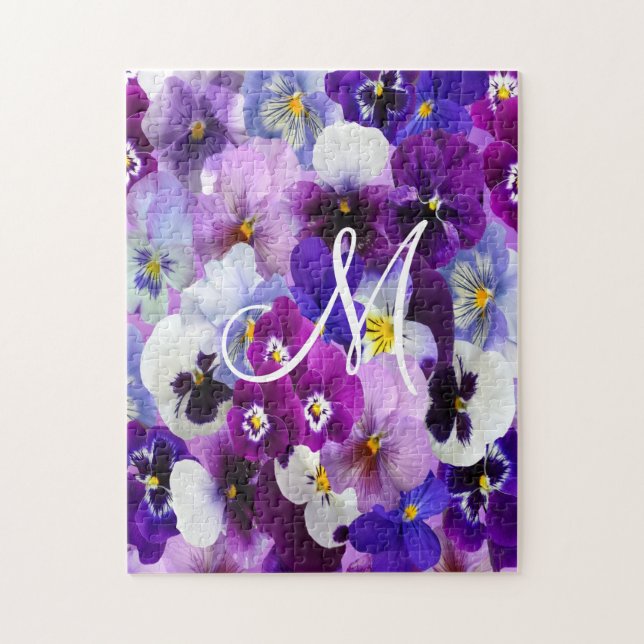 Puzzle Flores florales de pansy blanco morado monograma (Vertical)
