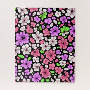 Puzzle Flores moradas y rosadas y patrón de pétalos negro