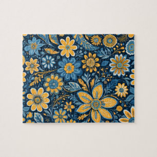 Puzzle Flores retro hippie vintage diseño azul amarillo