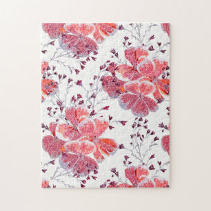 Puzzle Flores rojas rosadas sobre blanco.