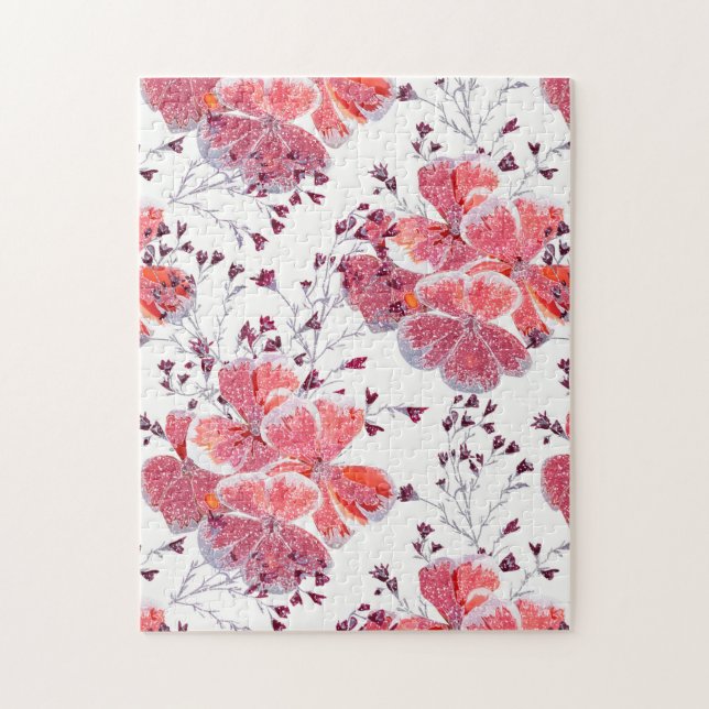 Puzzle Flores rojas rosadas sobre blanco. (Vertical)