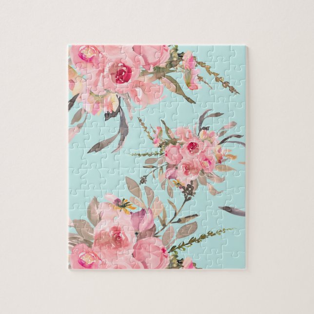 Puzzle Flores rosas Rubor en azul claro (Vertical)