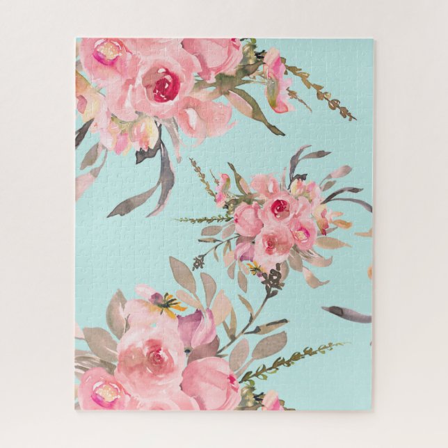 Puzzle Flores rosas Rubor en azul claro (Vertical)